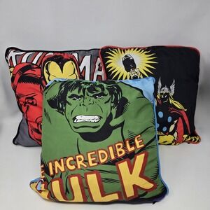 Marvel Comics Superhero Plush Throw Pillows‎ 12x12 Lot Of 3 Hulk Thor Iron Man